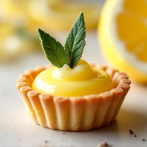 Una crostatina monoporzione con crema al limone e una foglia di salvia cristallizzata.