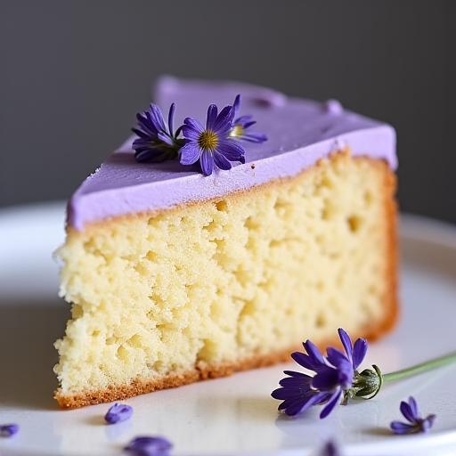 Una fetta di torta soffice con delicati fiori di lavanda sulla sommità.